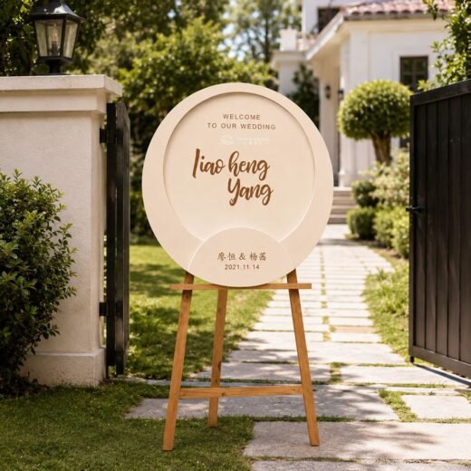 Round Wedding Welcome Sign on Wooden Easel – Elegant Ceremony Board – 1
