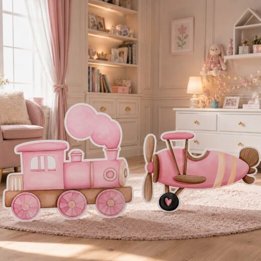 Pink Train & Airplane Character Cutout Set – Girls Travel Birthday Display