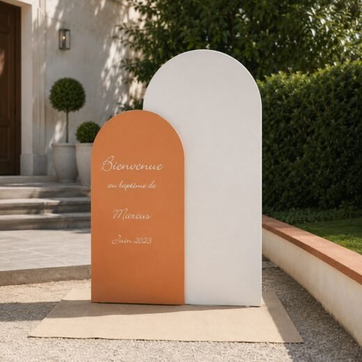 Coral & Cream Double Arch Wedding Welcome Board Set – Outdoor Entrance