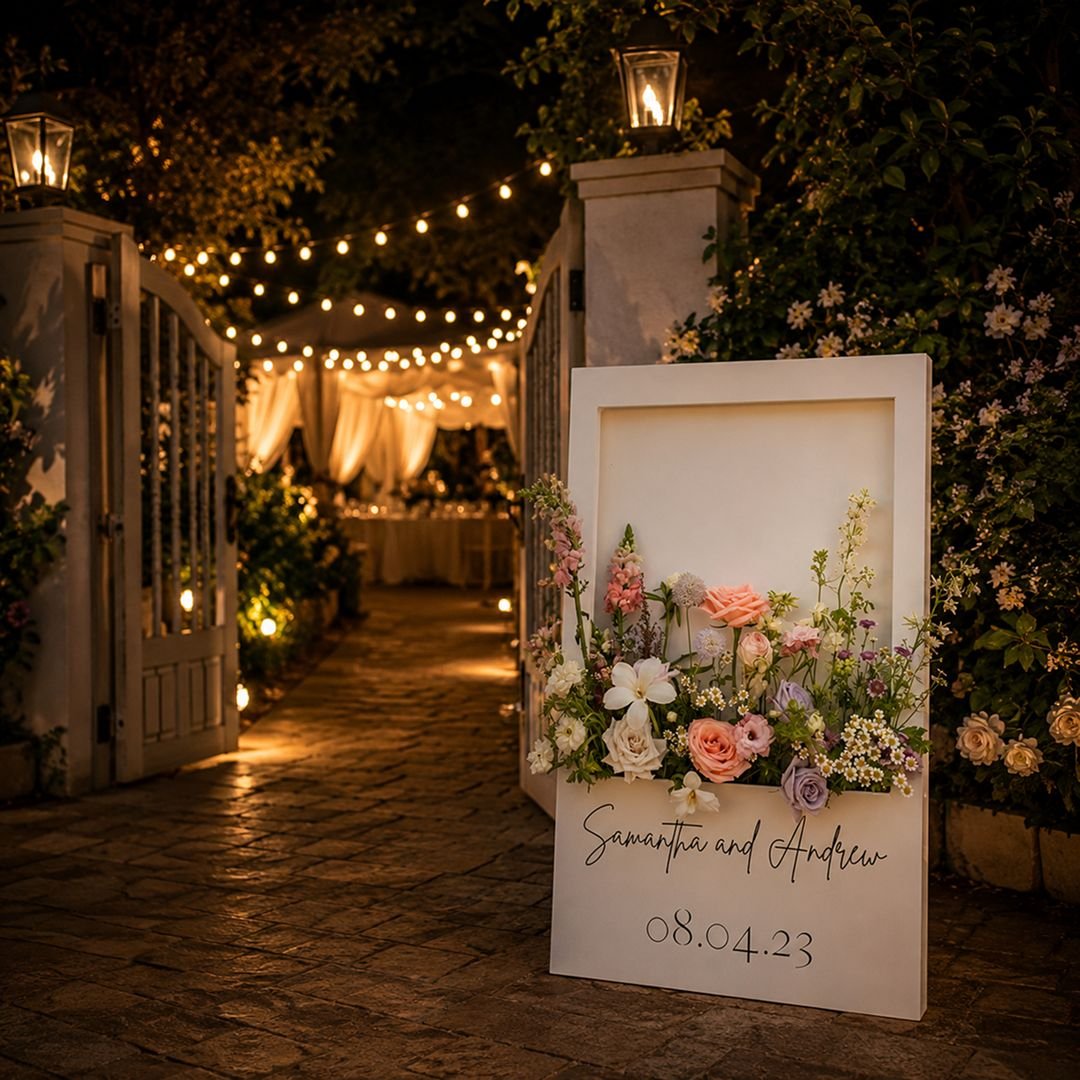 White Floral Wedding Welcome Board with Date Ceremony Sign – 1 Piece - Image 2