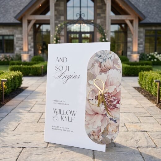 Modern White Wedding Welcome Board with Floral Side Art Celebration Sign