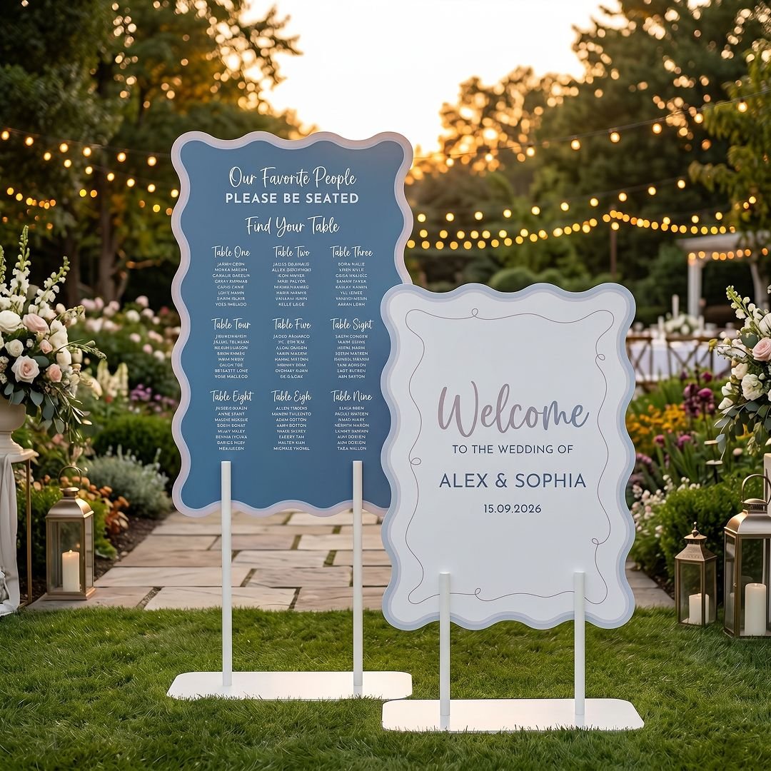 Blue & Cream Double Wedding Welcome Board Set Floral Signage – 2 Pieces