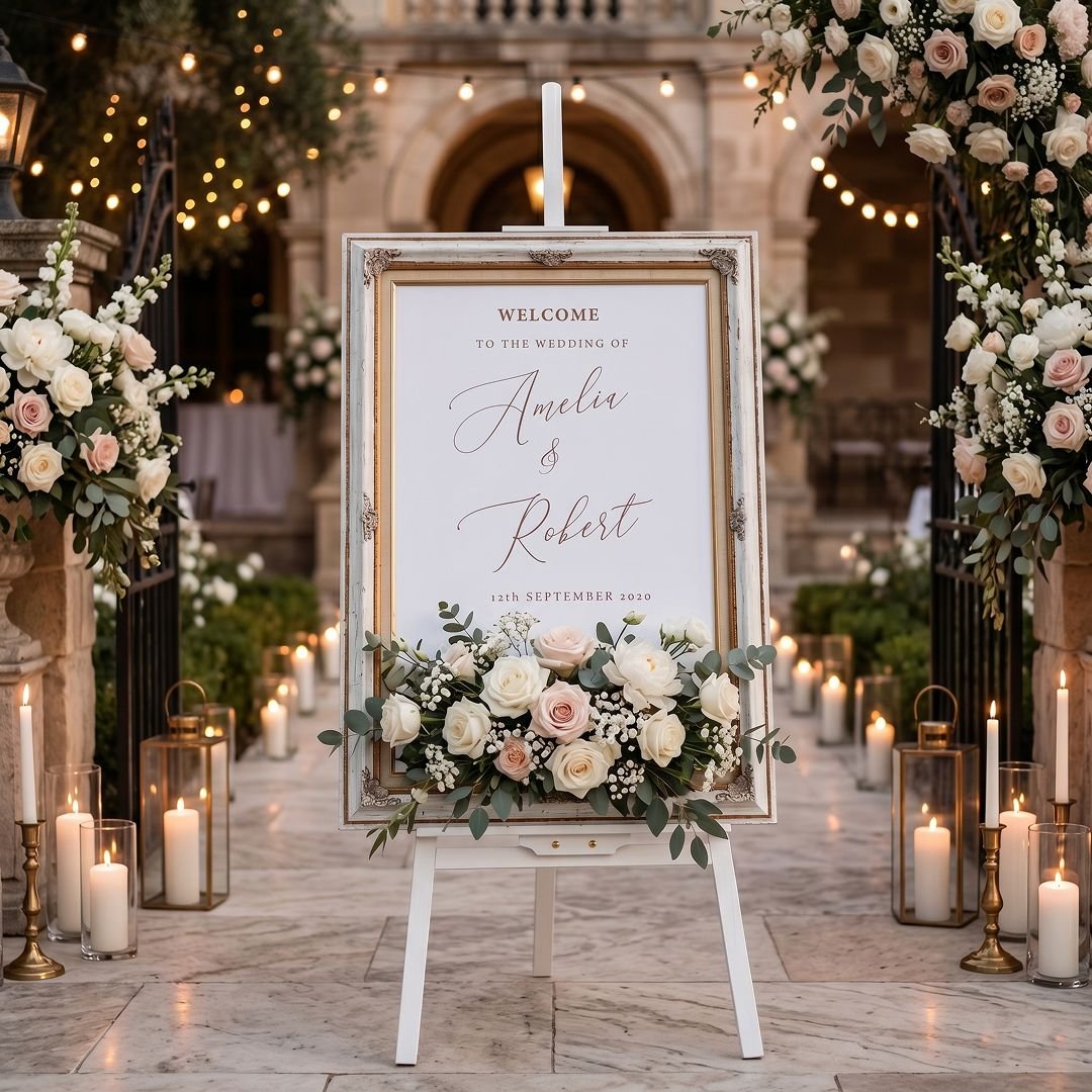 Gold Frame Wedding Welcome Board – Elegant Floral Celebration Entrance - Image 3