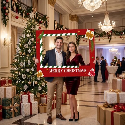 Merry Christmas Family Selfie Frame with Festive Red Border – 1 Piece