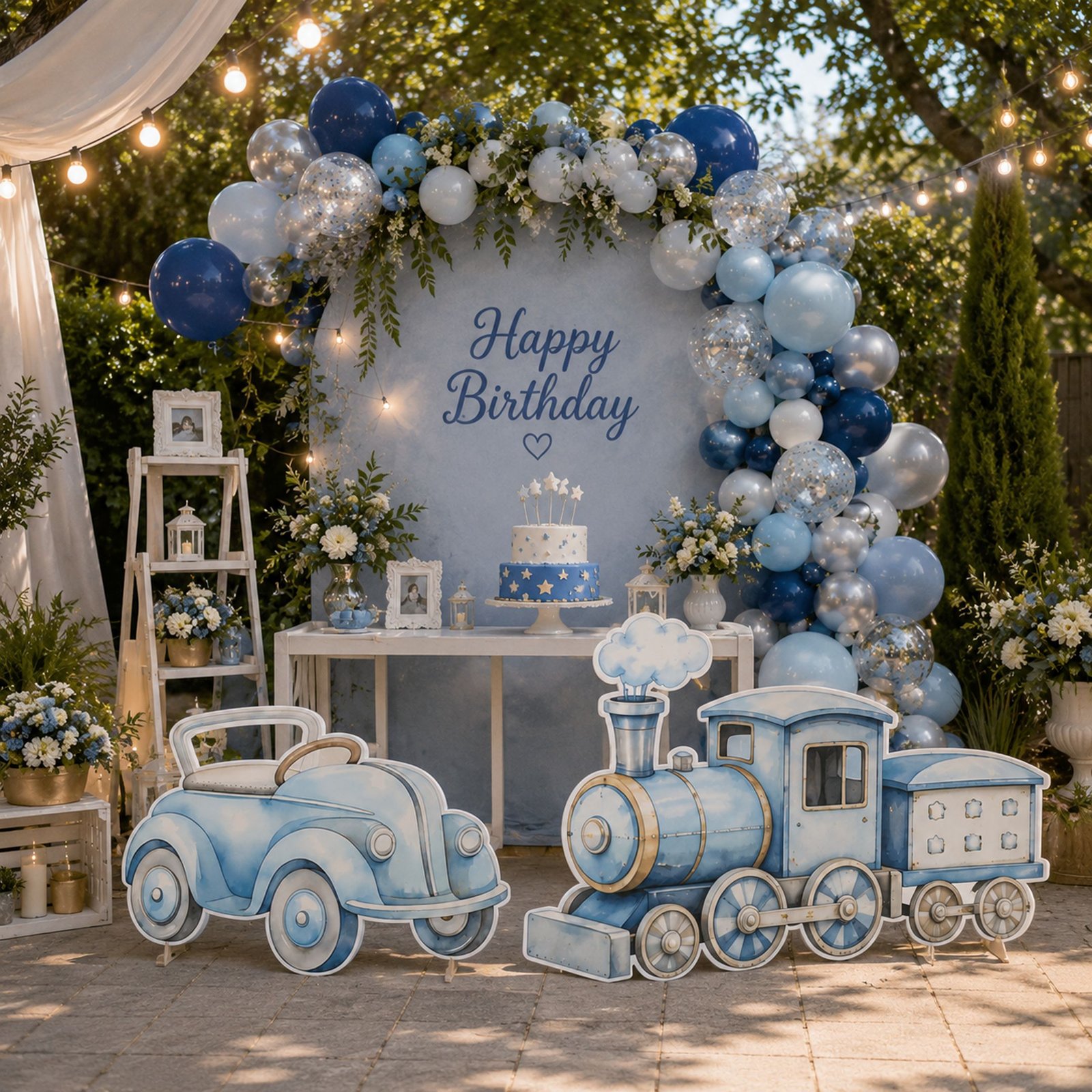 Blue Vintage Car & Airplane Cutout Set – Adventure Birthday Party Display - Image 2