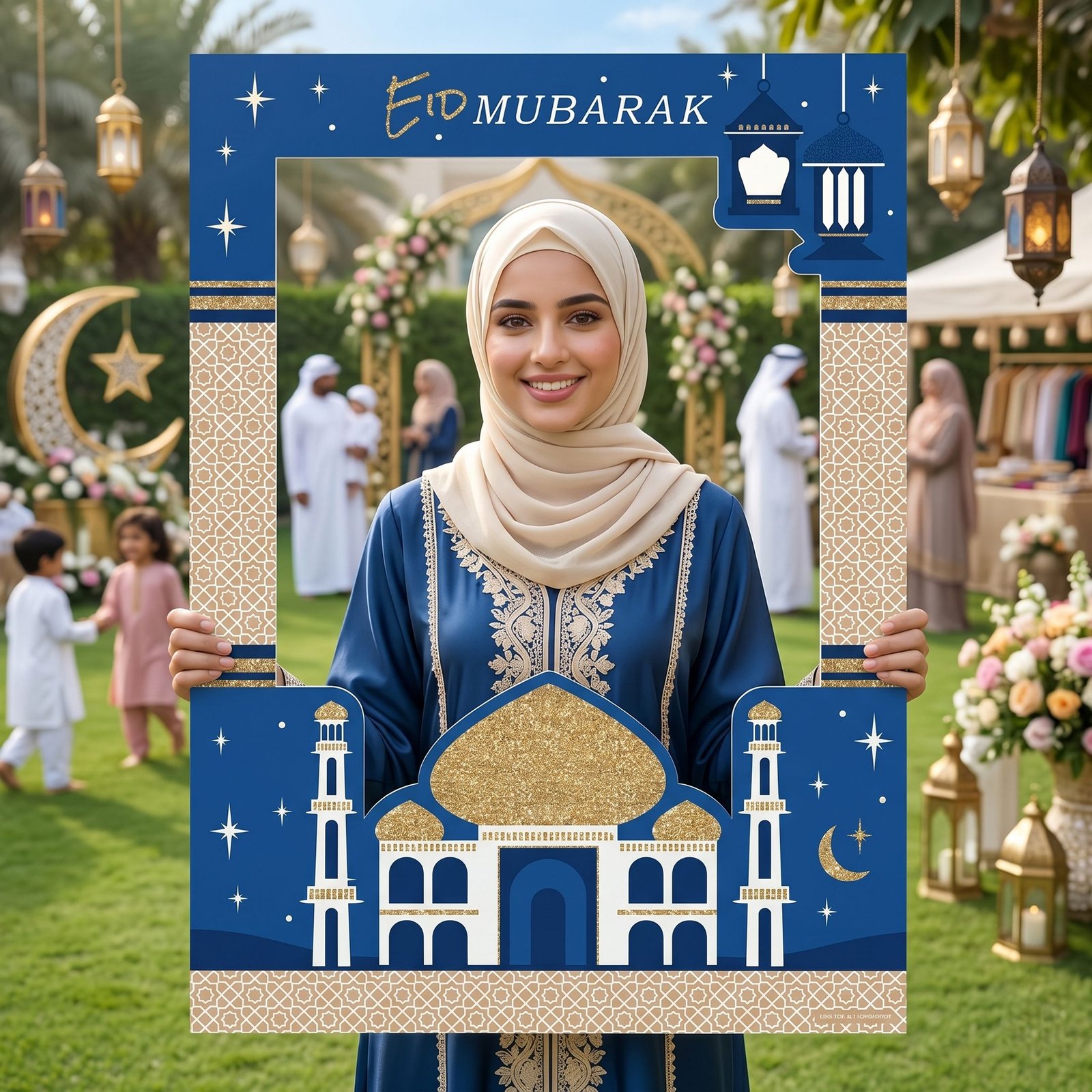Eid Mubarak Mosque Selfie Frame with Blue Islamic Pattern – 1 Piece - Image 2