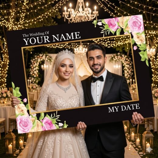 Luxury Muslim Wedding Selfie Frame with Floral Black and Gold Theme – 1