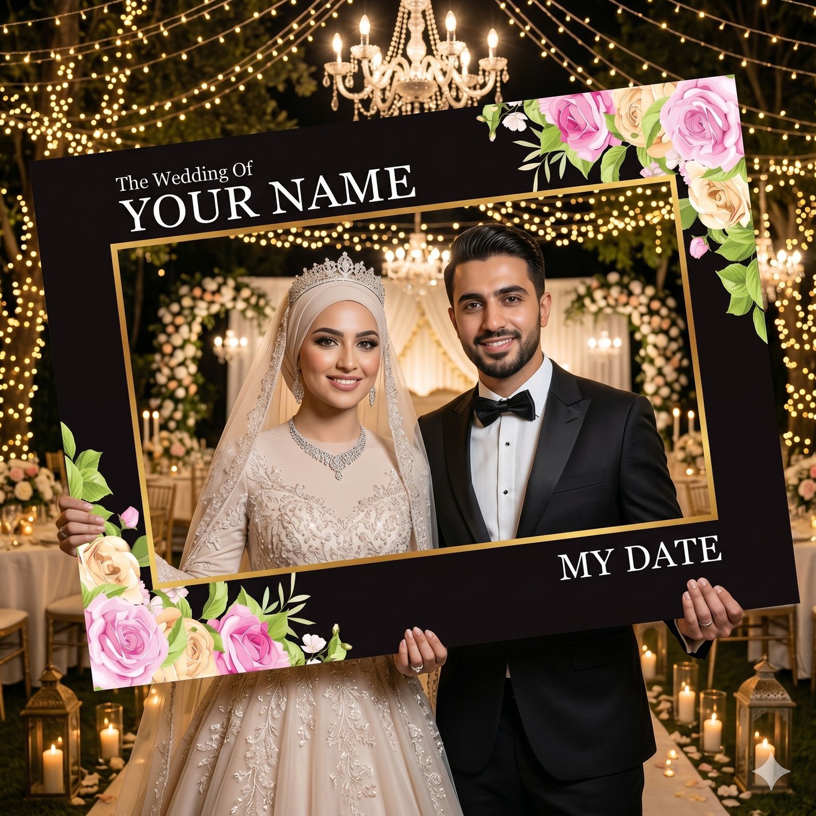 Luxury Muslim Wedding Selfie Frame with Floral Black and Gold Theme – 1