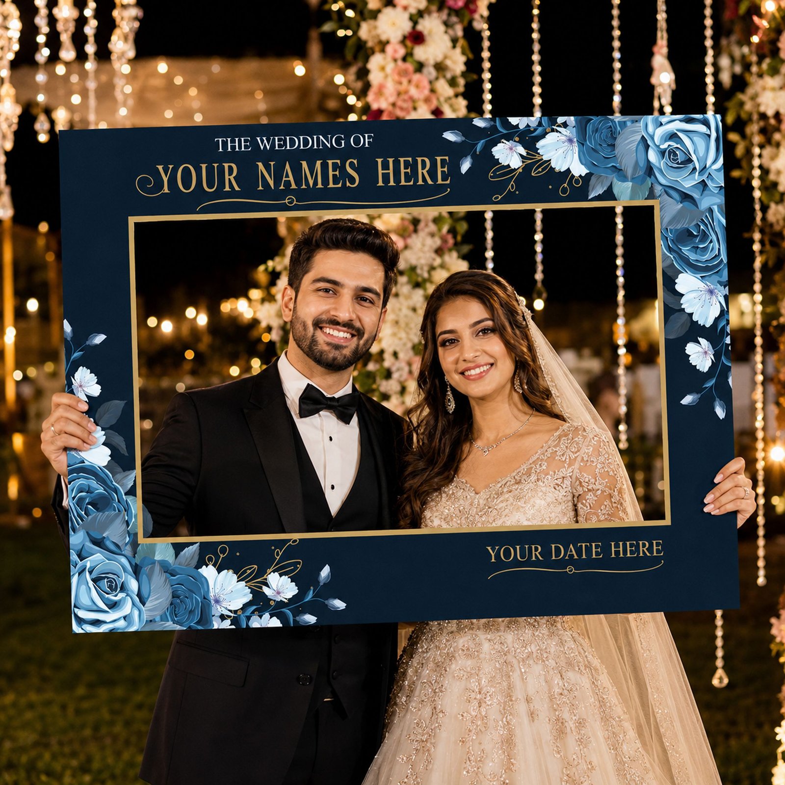 Floral Wedding Selfie Frame with Couple Names and Date Area – 1 Piece - Image 3