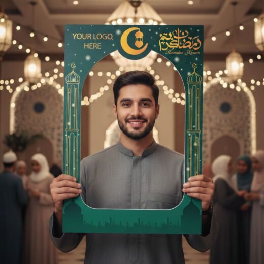 Ramadan Mubarak Selfie Frame with Crescent Moon and Lanterns – 1 Piece