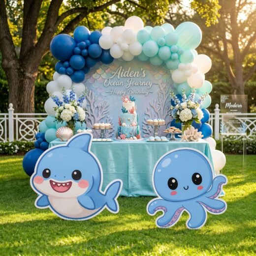 Blue Shark & Octopus Character Cutout Set – Ocean Party Display – 2 Pieces