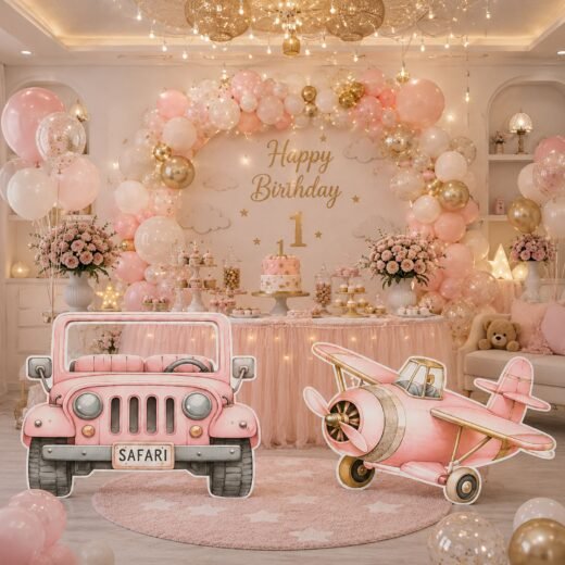 Pink Safari Jeep & Airplane Vehicle Cutout Set – Travel Party Display – 2