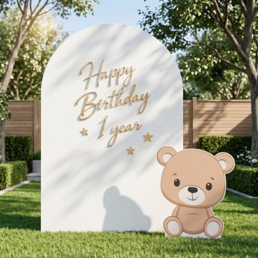 Happy Birthday 1 Year Backdrop with Teddy Bear Cutout – 2 Pieces