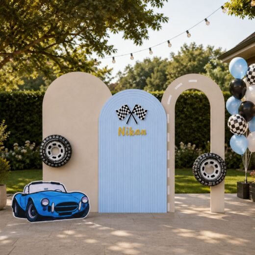 Race Car Birthday Backdrop Set with Tyre & Car Cutouts – 6 Pieces