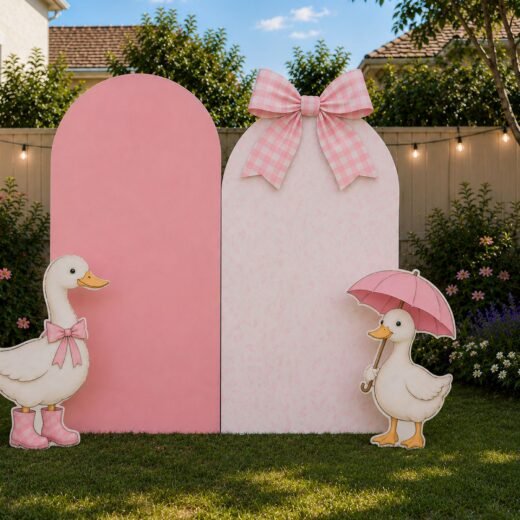 Pink Duck Birthday Backdrop Set with Character Cutouts & Bow – 5 Pieces