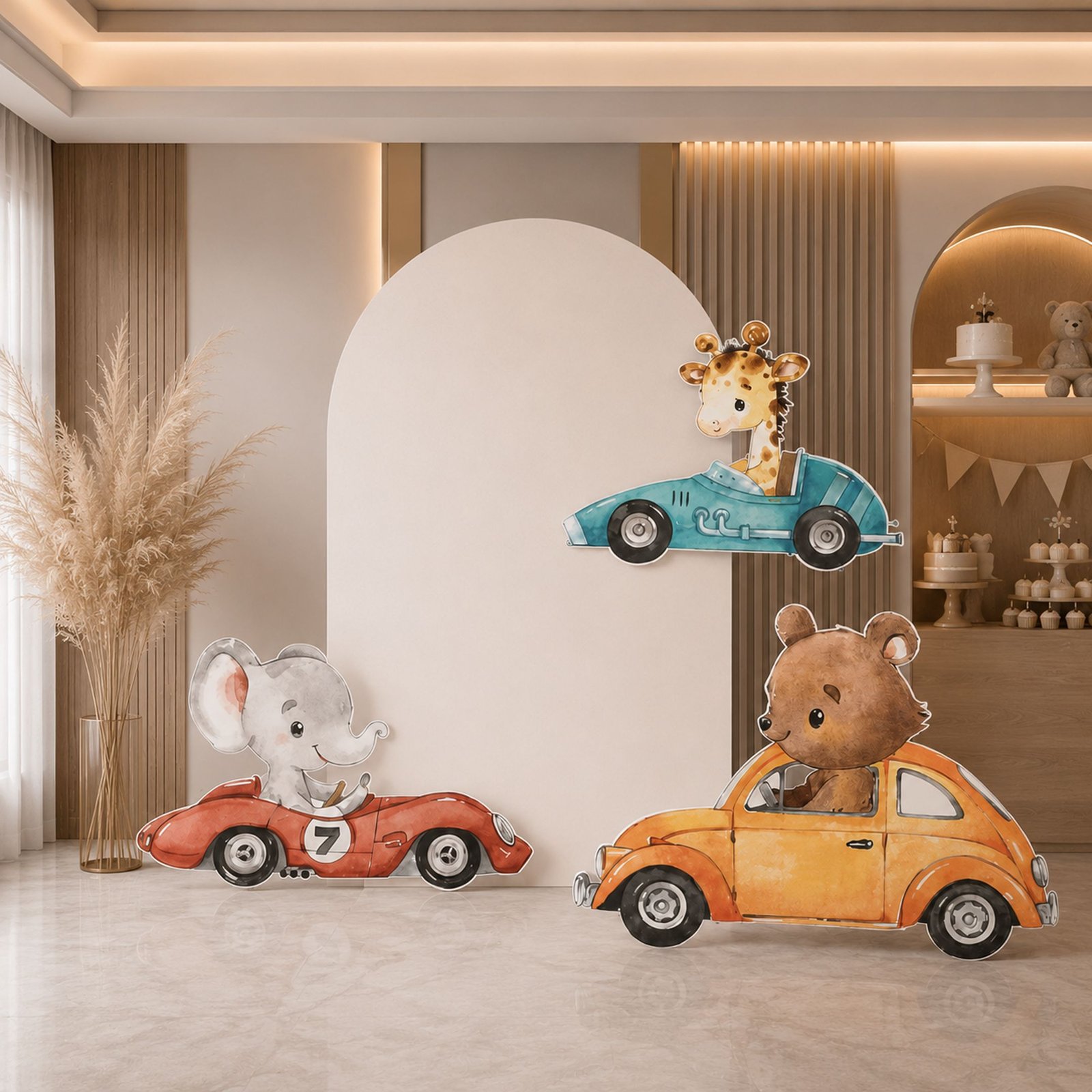 Animal Car Birthday Backdrop Set with 3 Vehicle Cutouts – 4 Pieces - Image 2