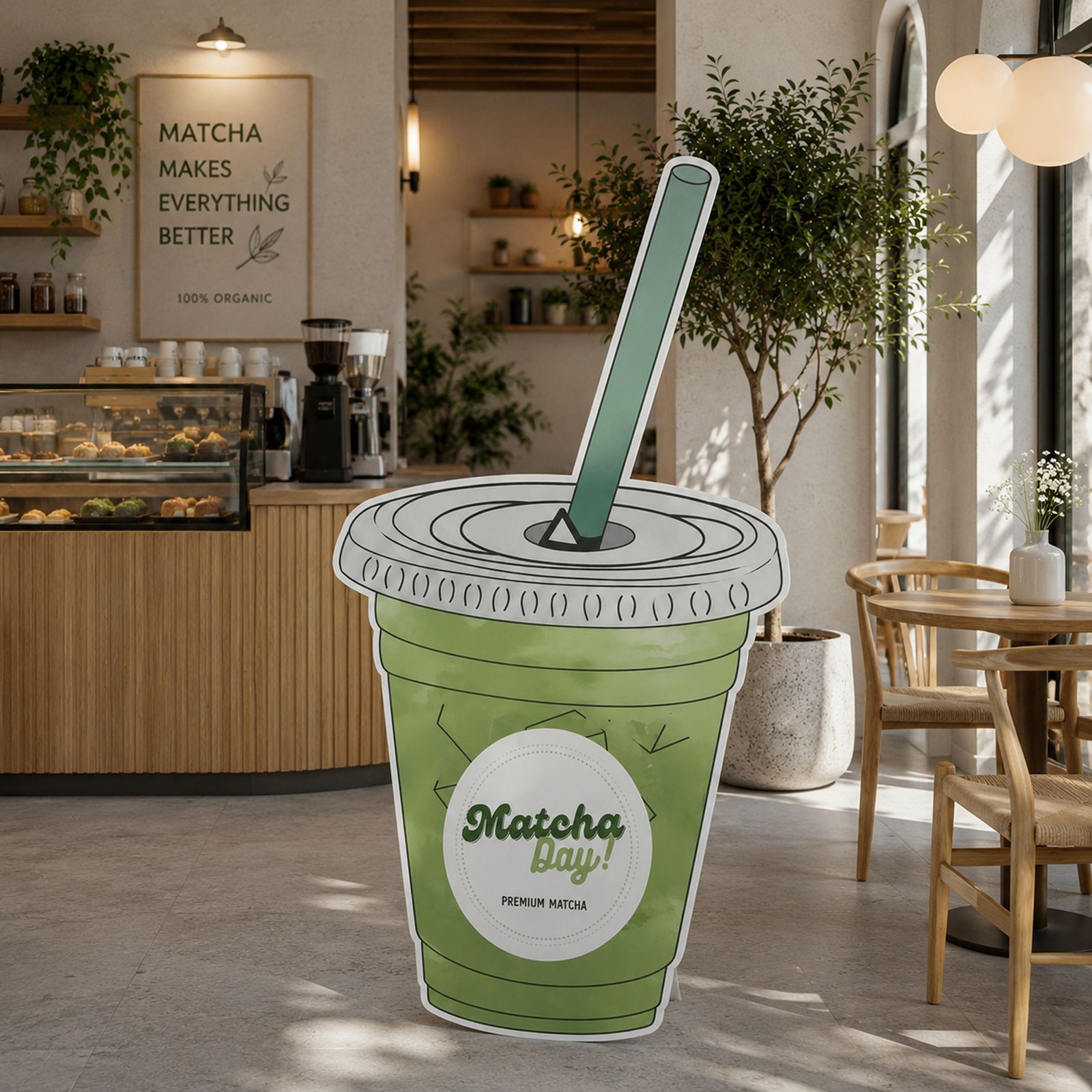 Matcha Drink Cup Promotional Character Cutout – Café Event Display Standee