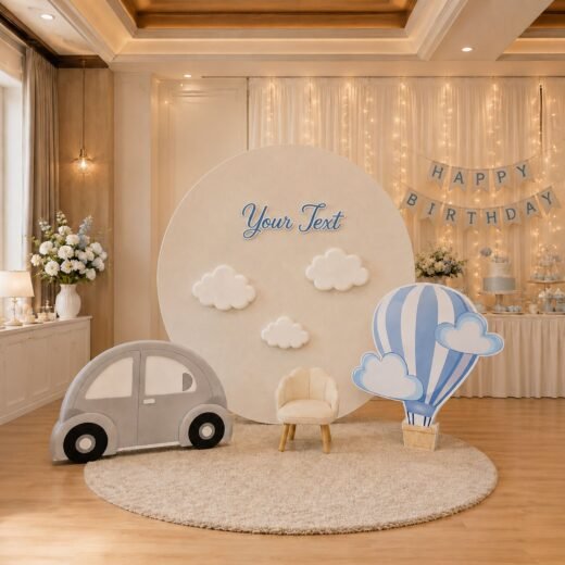 Baby Round Backdrop Set with Clouds, Hot Air Balloon & Car Cutouts – 6