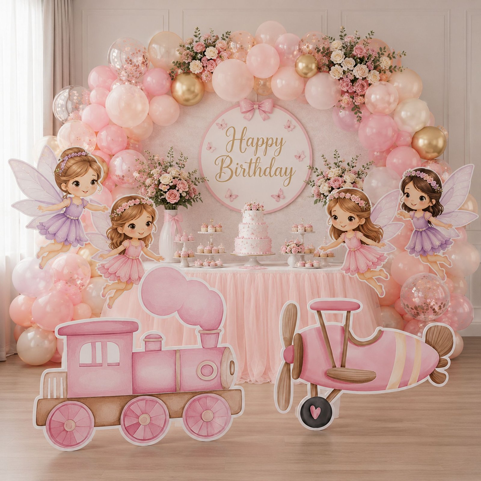 Pink Train & Airplane Character Cutout Set – Girls Travel Birthday Display - Image 3