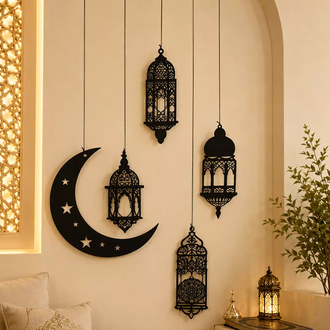 Black Crescent and Lantern Ramadan Wall Hanging Set - Image 2