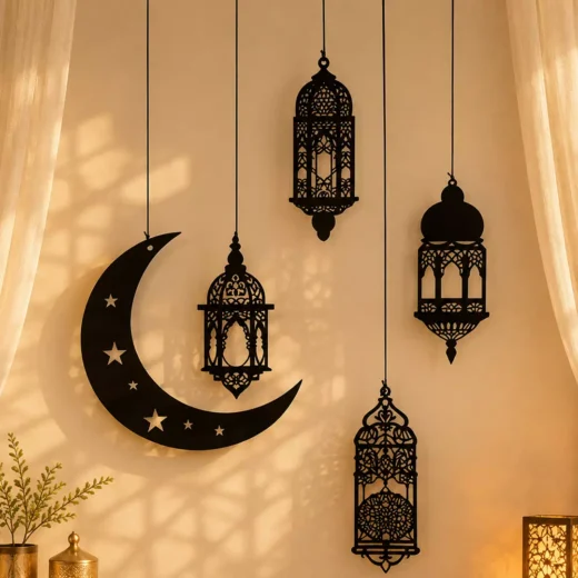 Black Crescent and Lantern Ramadan Wall Hanging Set