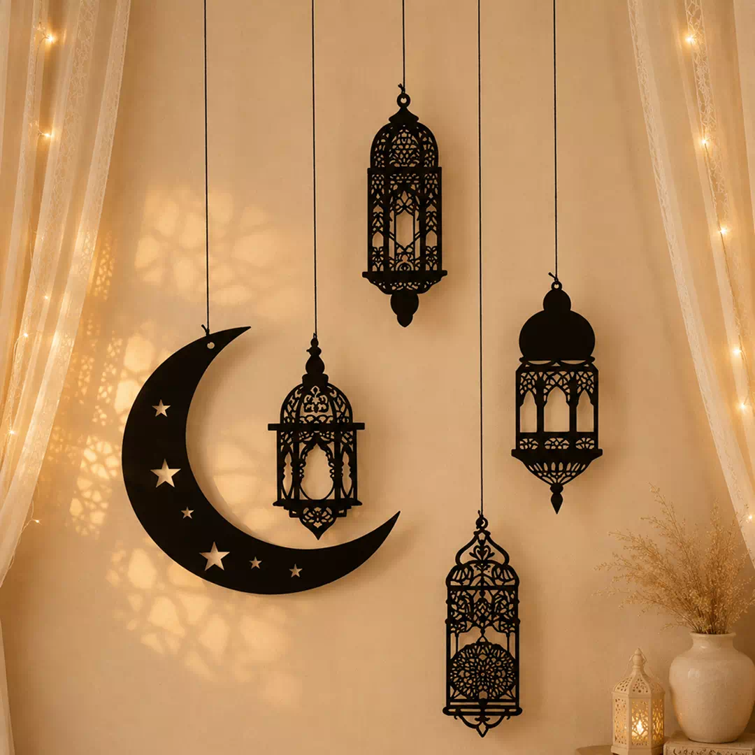 Black Crescent and Lantern Ramadan Wall Hanging Set - Image 4
