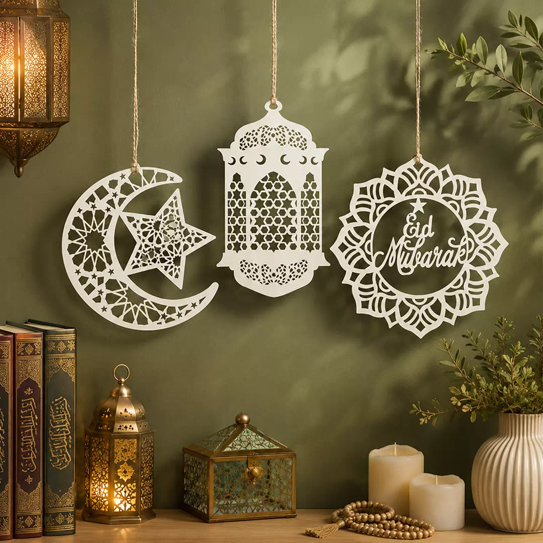 White Islamic Crescent Lantern Medallion Hanging Set - Image 2
