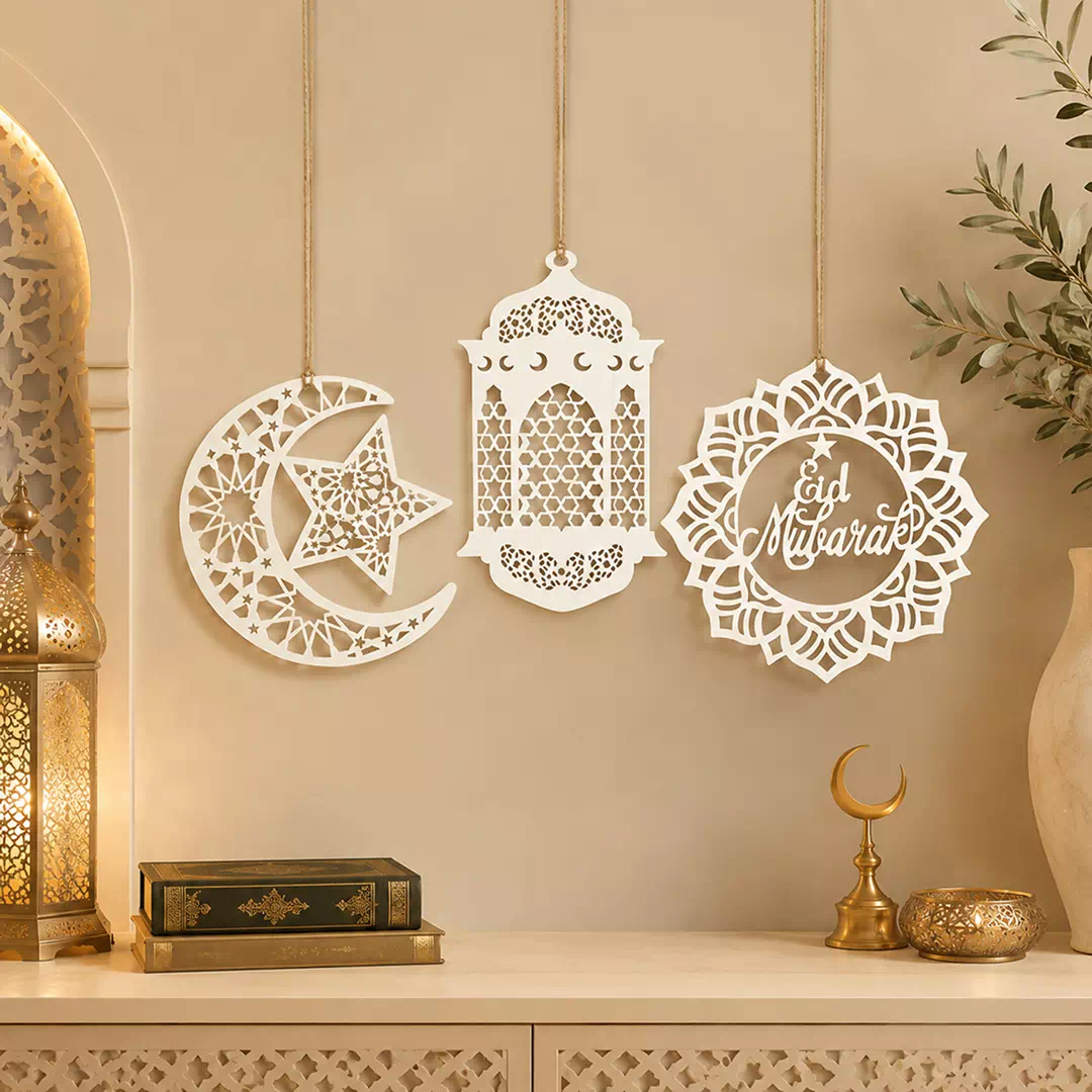White Islamic Crescent Lantern Medallion Hanging Set - Image 4