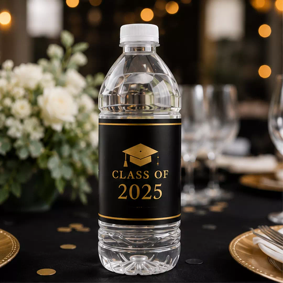 Black and Gold Graduation Water Bottle Stickers - Class Year Design - Image 2