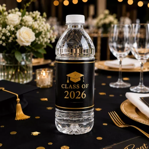 Black and Gold Graduation Water Bottle Stickers - Class Year Design