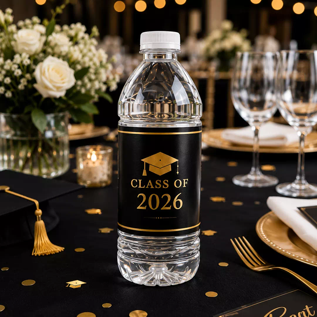Black and Gold Graduation Water Bottle Stickers - Class Year Design