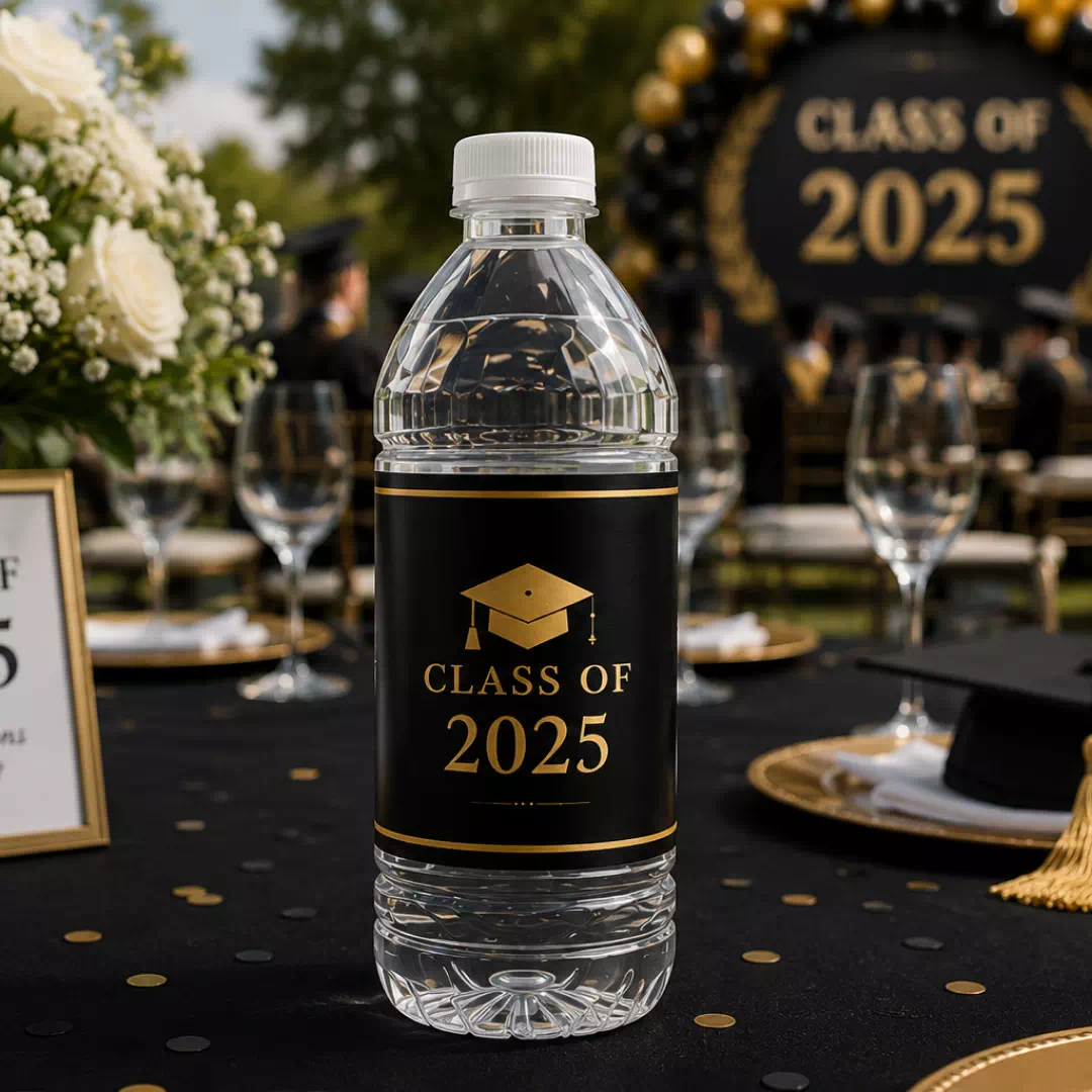 Black and Gold Graduation Water Bottle Stickers - Class Year Design - Image 4
