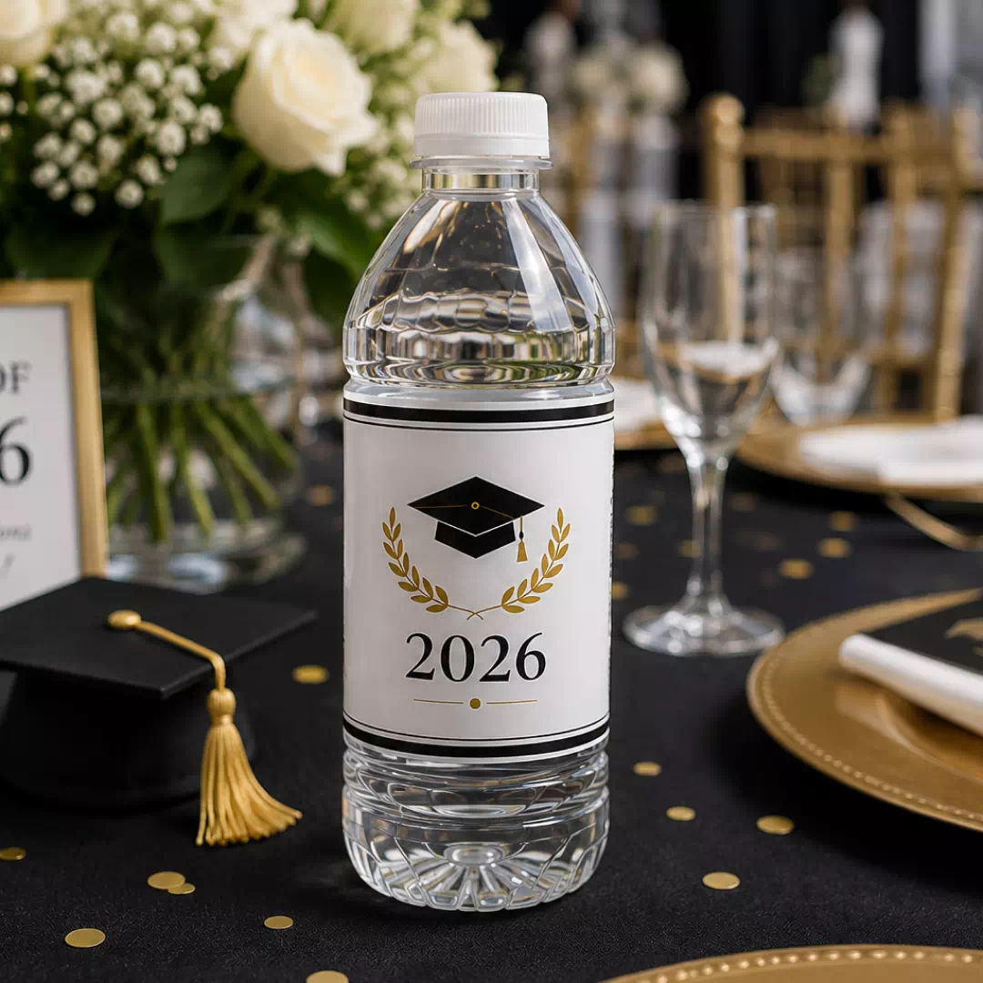 White and Gold Graduation Water Bottle Labels - Class Year Design