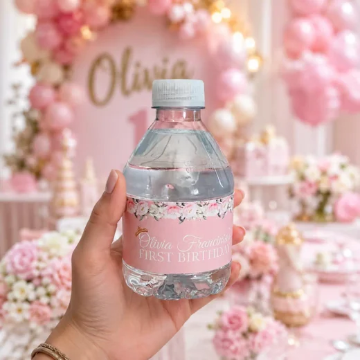 Pink Floral First Birthday Bottle Labels - Personalized One-Year Design