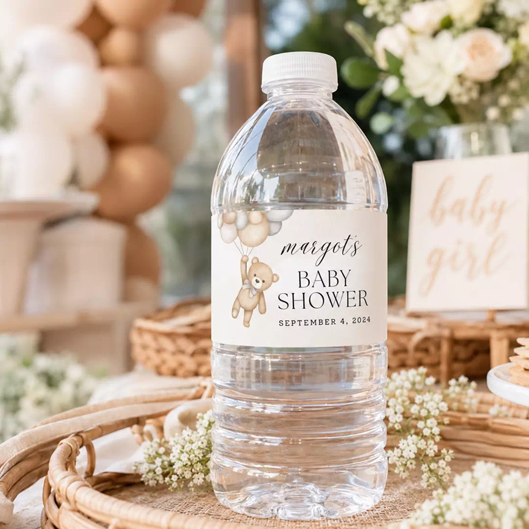 Neutral Teddy First Birthday Bottle Labels - Elegant Party Favors