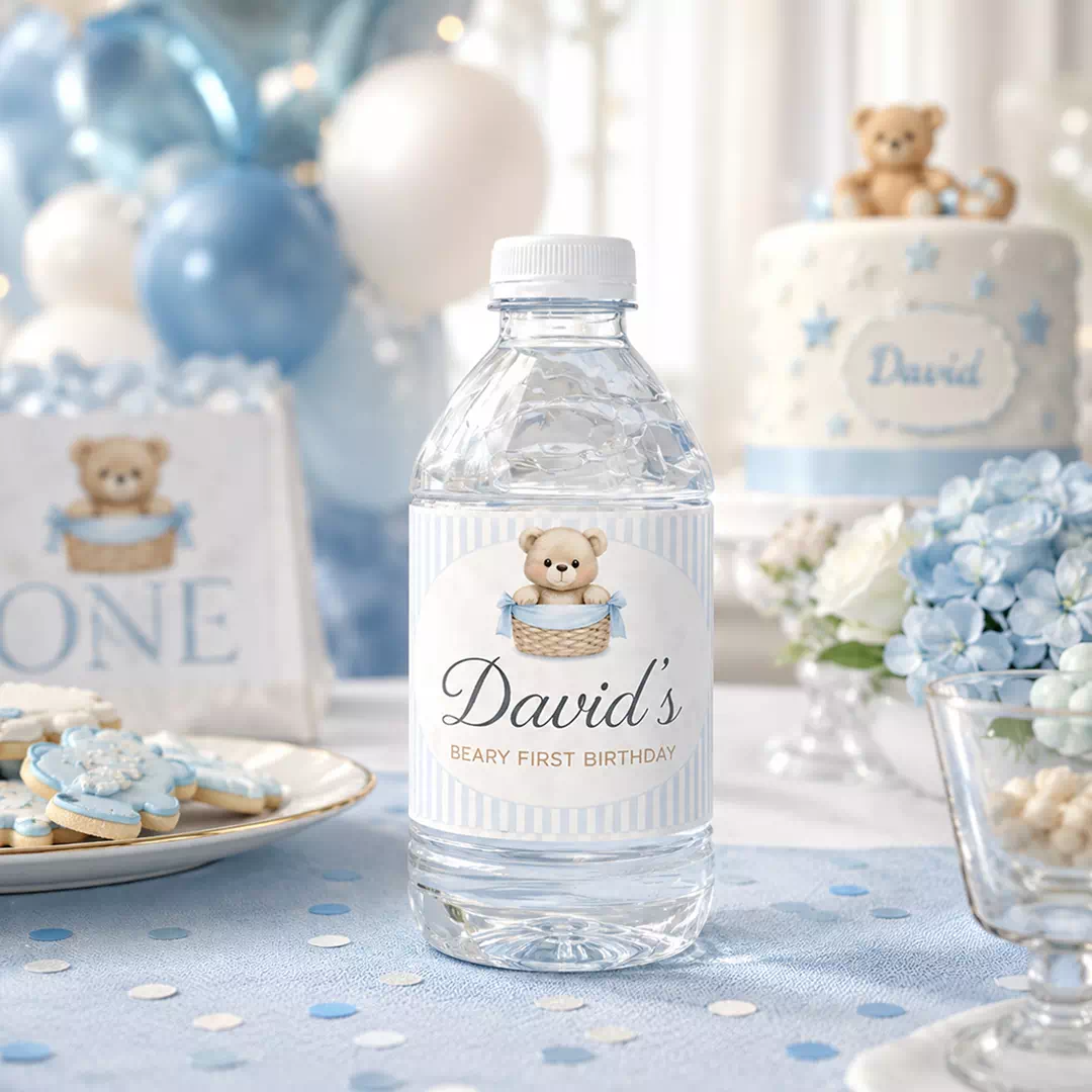 Blue Teddy Bear First Birthday Bottle Stickers - Personalized Name - Image 2