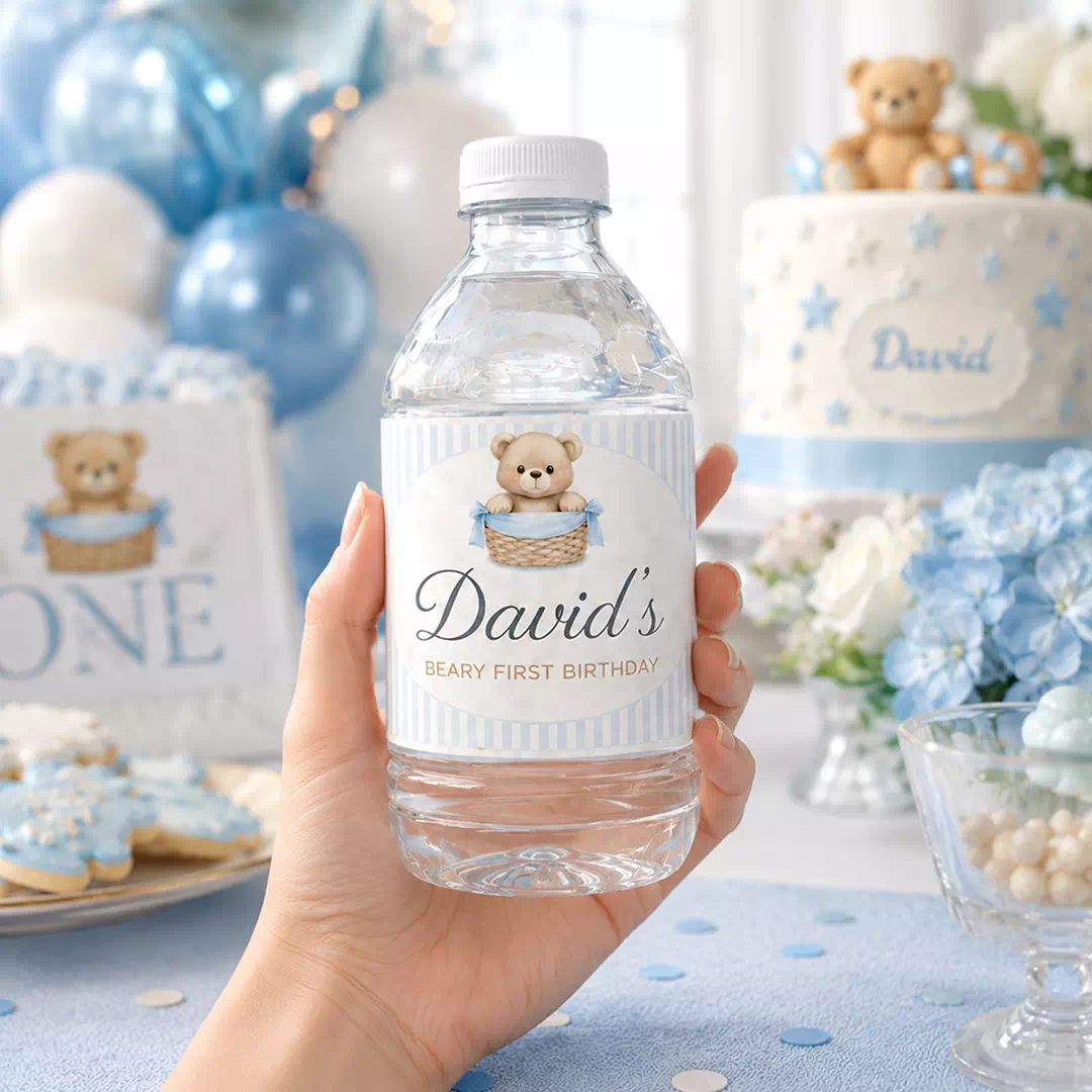 Blue Teddy Bear First Birthday Bottle Stickers - Personalized Name