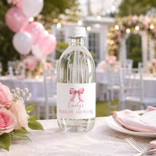 Pink Bow Baby Shower Bottle Labels - Elegant Personalized Favors
