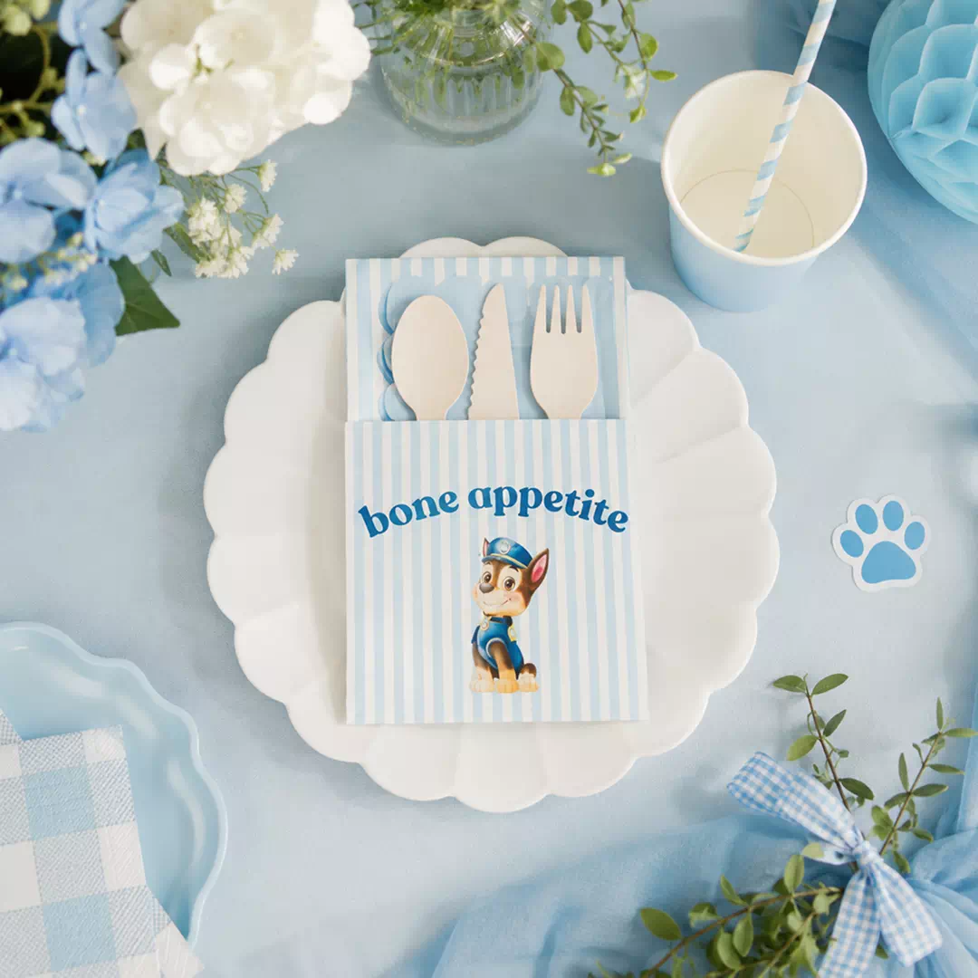 Blue Striped Bone Appétit Personalized Wooden Cutlery Set