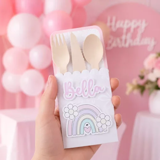 Pink Rainbow Floral Personalized Wooden Cutlery Set