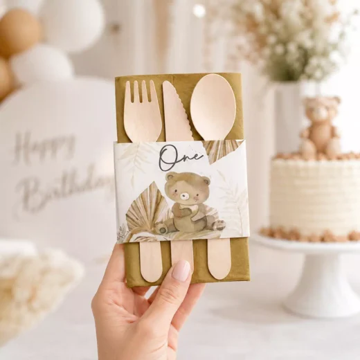 Neutral Bow Wedding Personalized Wooden Cutlery Set