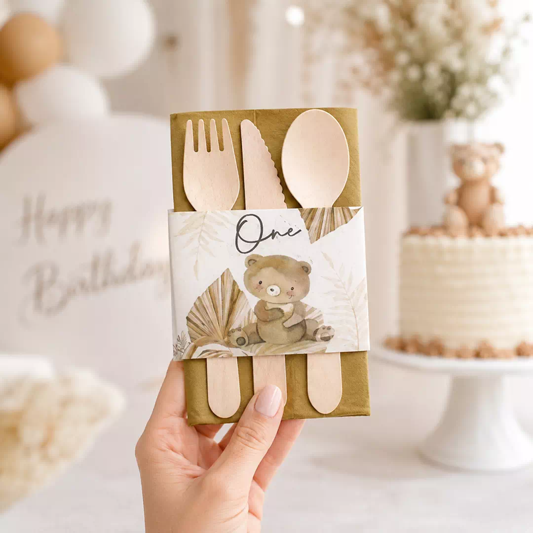 Neutral Bow Wedding Personalized Wooden Cutlery Set