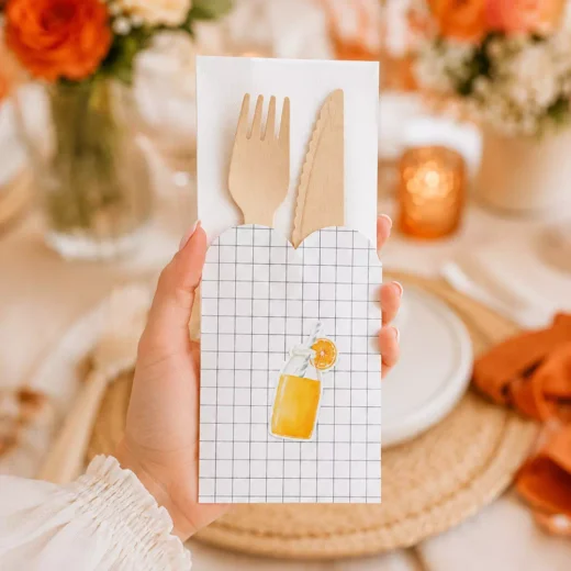 Orange Drink Gingham Personalized Wooden Cutlery Set