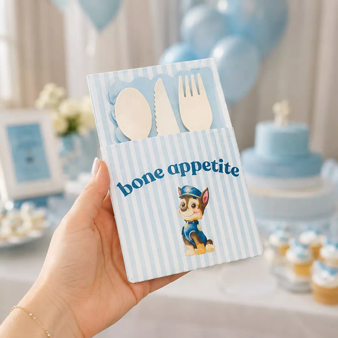 Blue Striped Bone Appétit Personalized Wooden Cutlery Set - Image 3