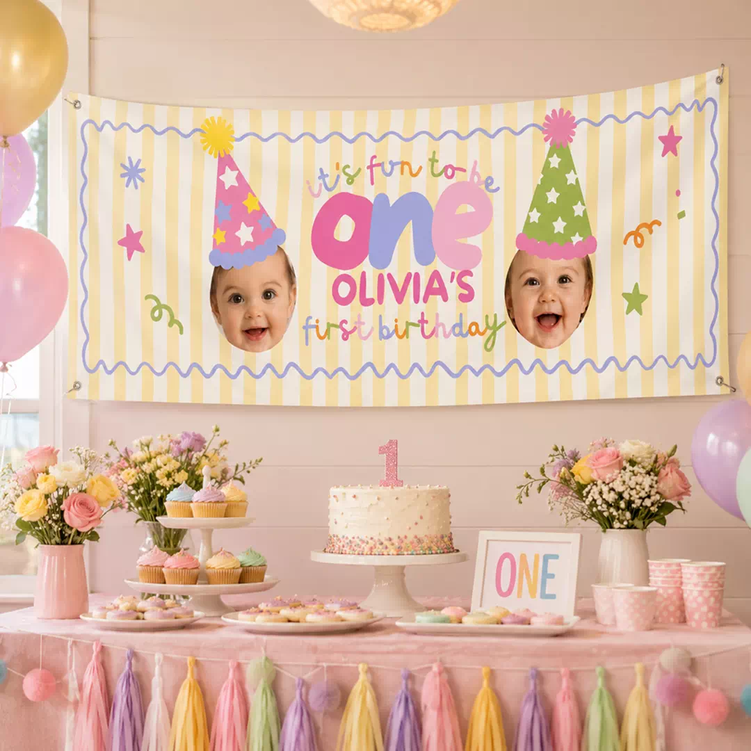Pastel Party Hat First Birthday Photo Banner - Image 2