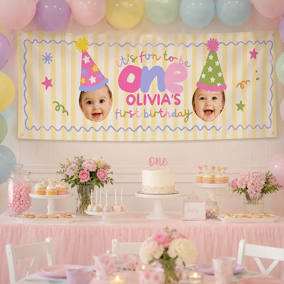 Pastel Party Hat First Birthday Photo Banner
