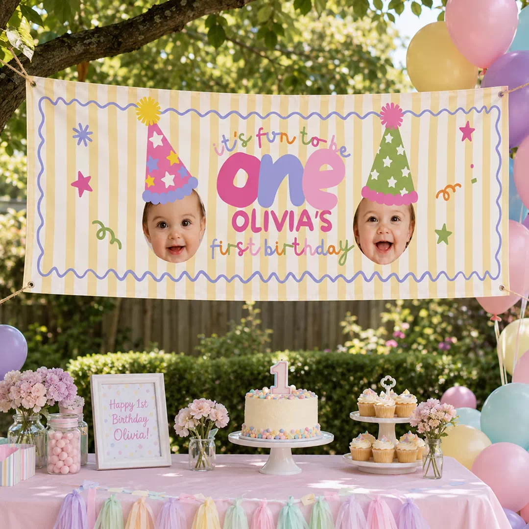 Pastel Party Hat First Birthday Photo Banner - Image 4