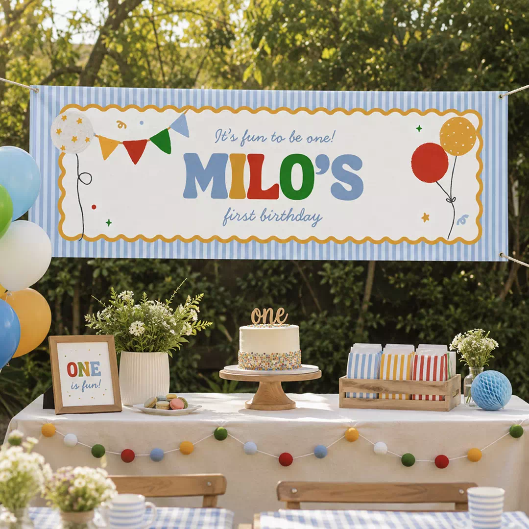 Blue Balloon First Birthday Banner - Image 3