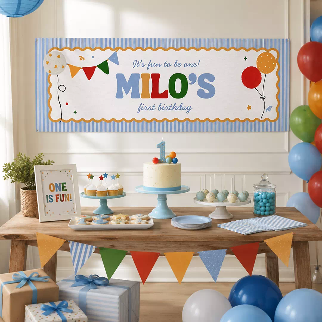 Blue Balloon First Birthday Banner