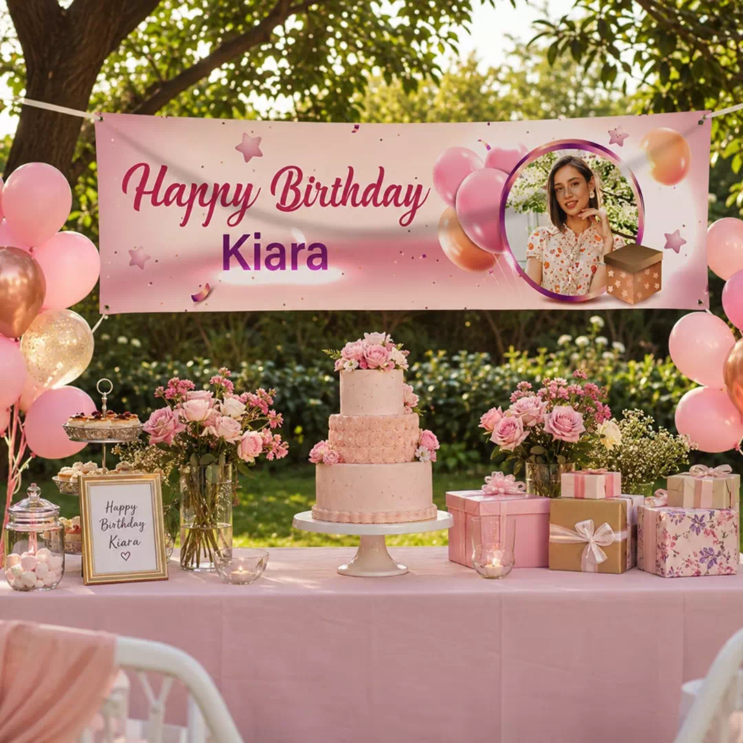 Pink Floral Photo Birthday Banner - Image 2
